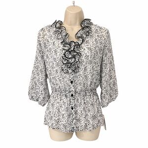 I.N. Studio Woman 2X Black White Ruffle Blouse Sheer 3/4 Sleeve Elastic Cuff NWT